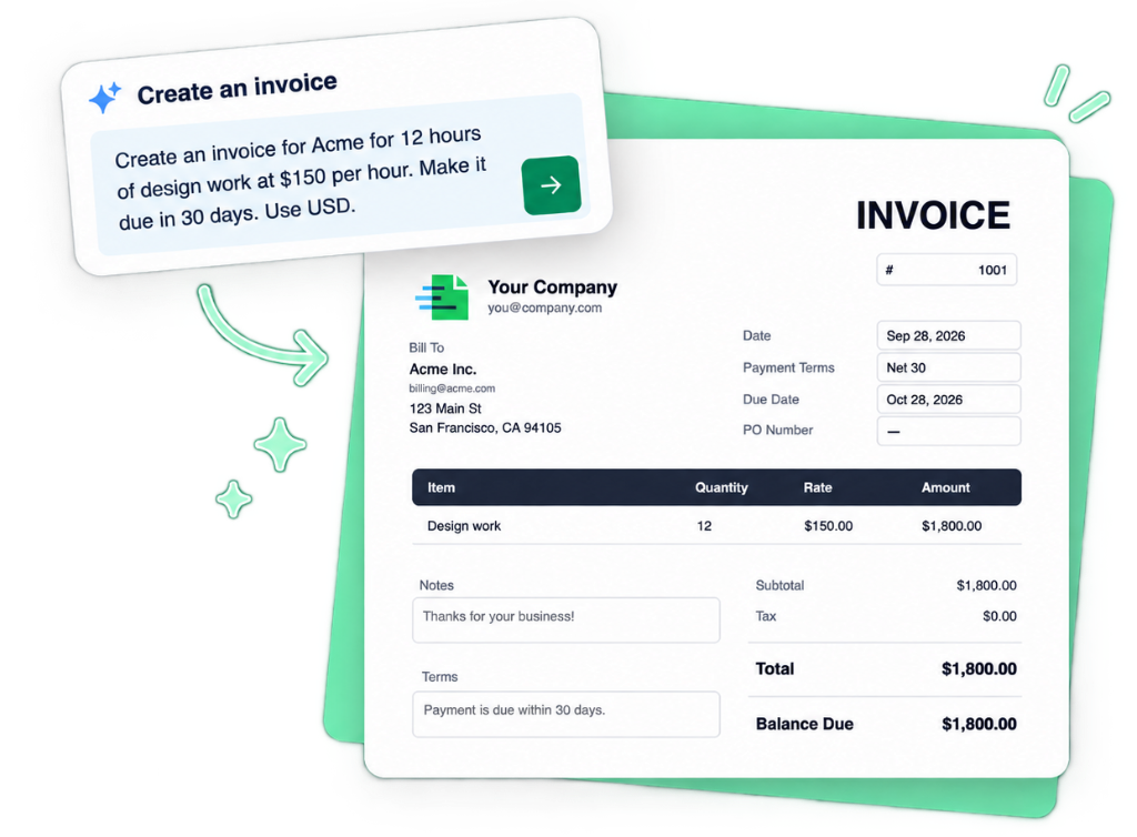 Create an invoice with AI — prompt becomes a ready-to-send invoice