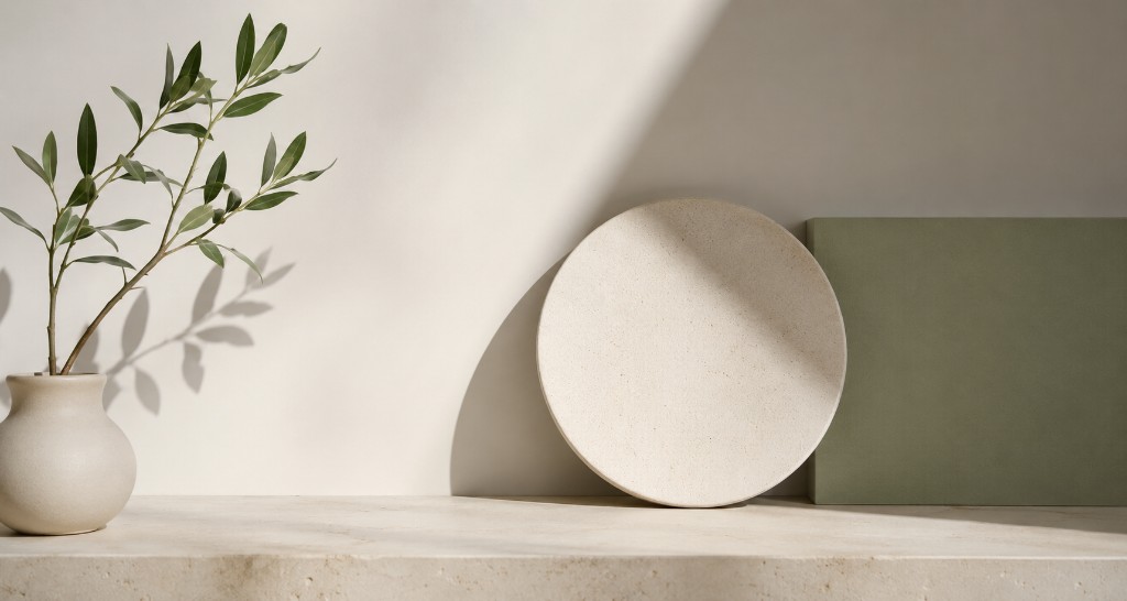 Minimal white vase with a single green branch beside geometric objects on a stone ledge, symbolizing a clean correction