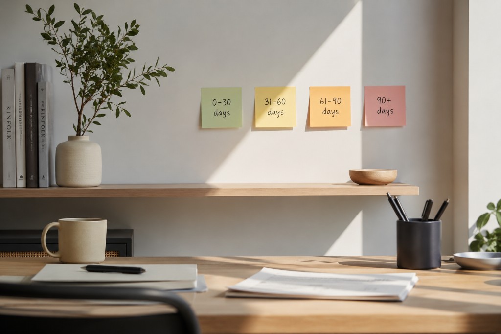 Minimal workspace with sticky notes on the wall labeled with invoice aging buckets: 0-30 days, 31-60 days, 61-90 days, and 90+ days