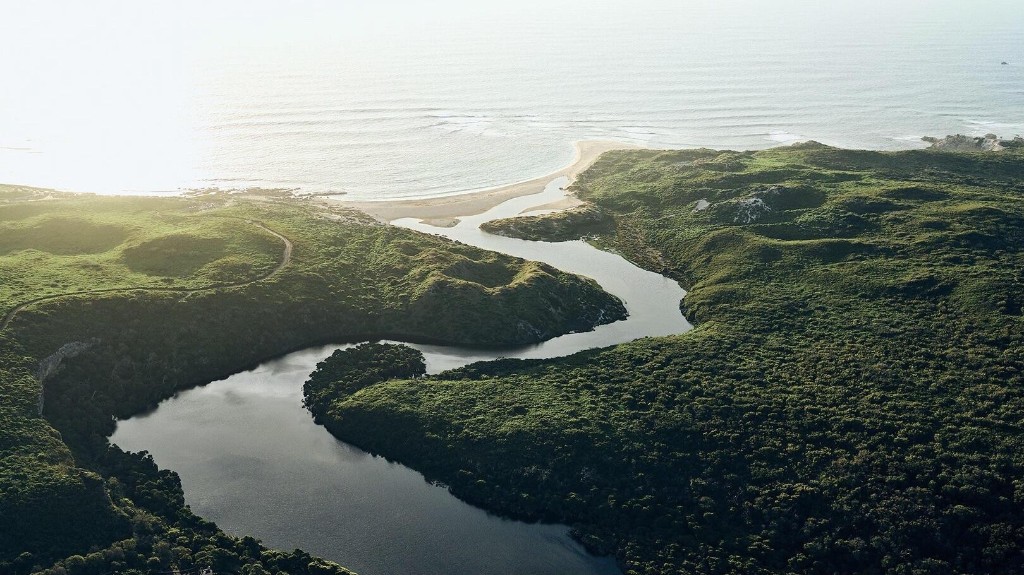 Aerial view of a winding river flowing through forest toward the ocean, symbolizing the journey from work to collected cash