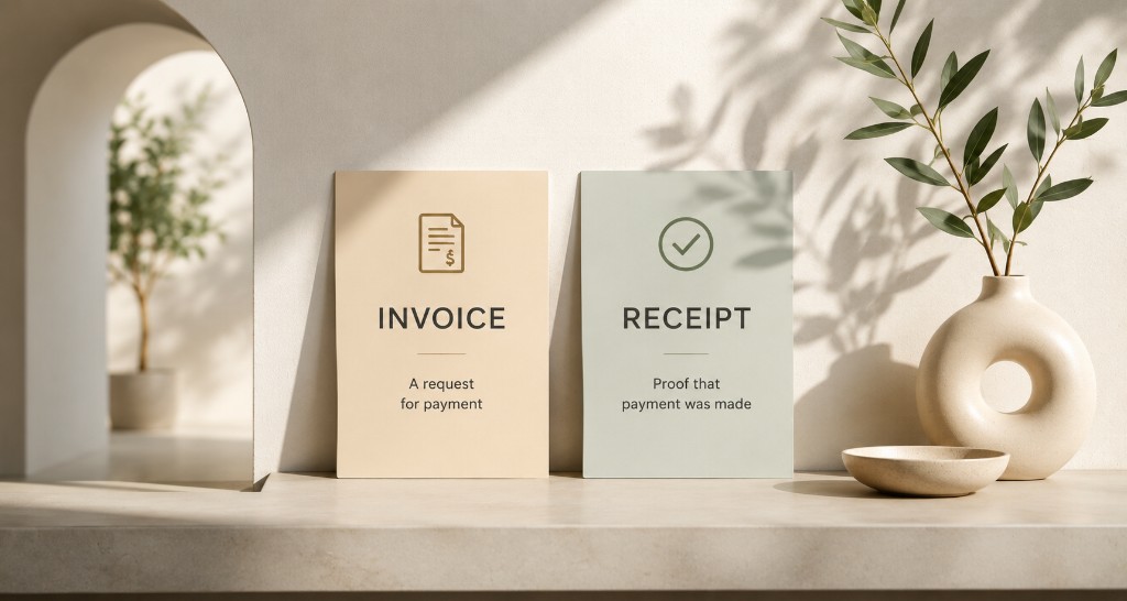 Two cards on a shelf comparing invoice and receipt — invoice labeled as a request for payment, receipt as proof that payment was made