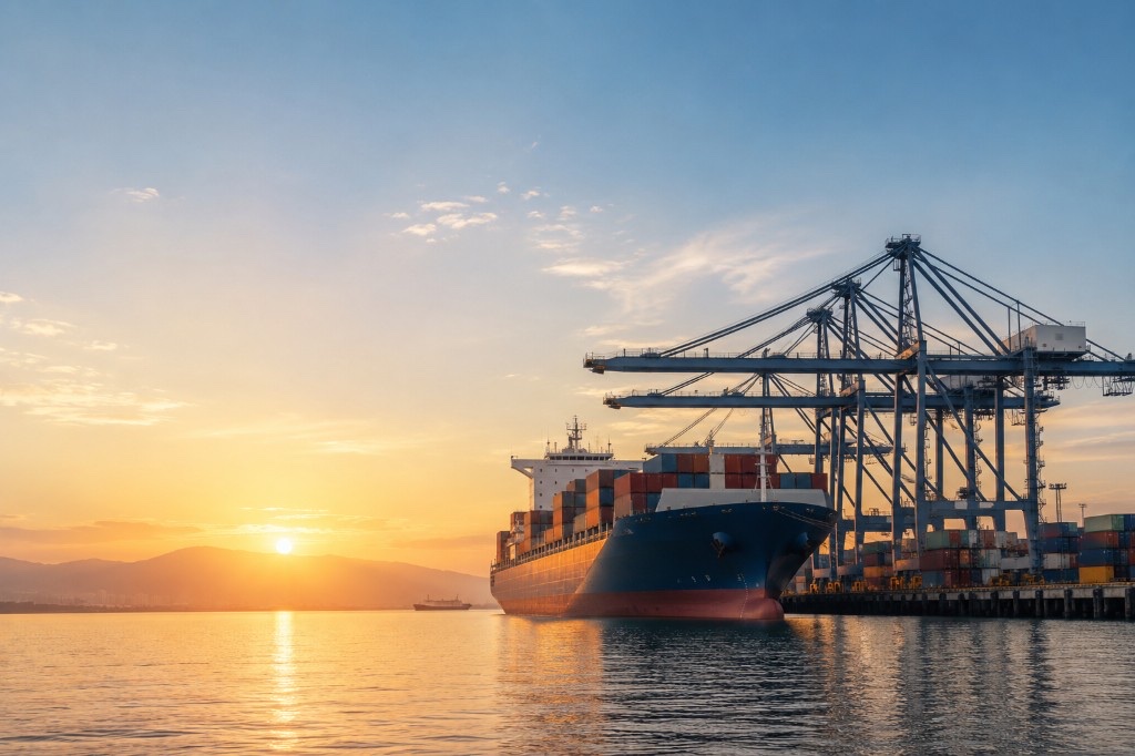 Container ship loaded with shipping containers docked at a port at sunrise, with gantry cranes and golden light reflecting on the water