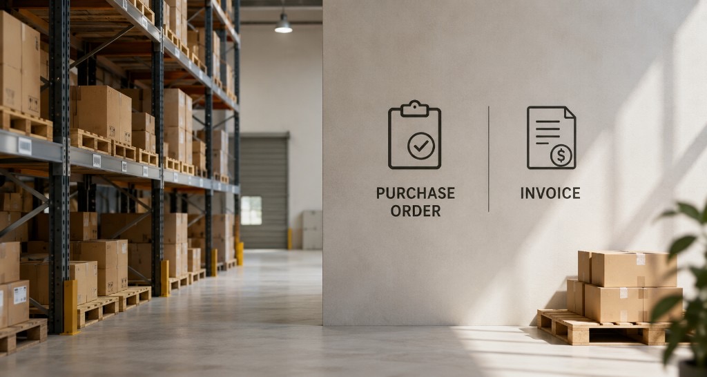 Warehouse with purchase order and invoice icons illustrating buyer authorization versus seller payment request