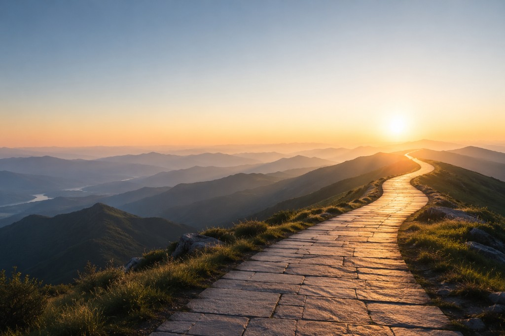 A winding stone path leading toward a sunrise over mountain ridges, suggesting forward planning and a clear path ahead