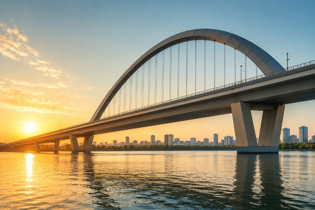 Modern arched bridge spanning calm water at sunset, symbolizing working capital bridging the gap between expenses and incoming payments