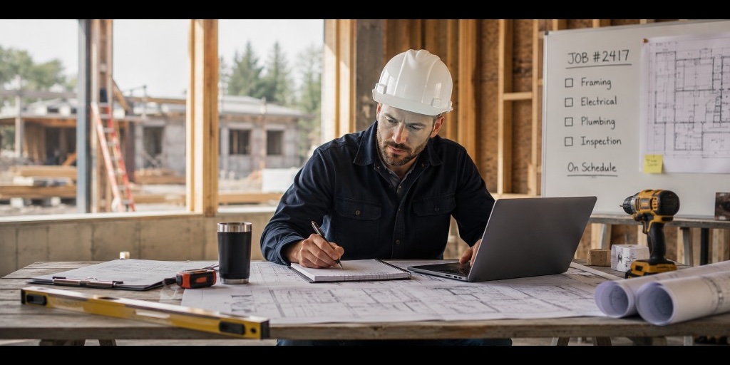 Contractor at a job-site table with plans, a laptop, and project notes