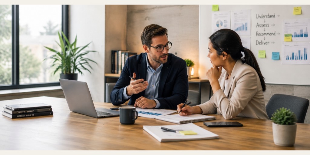 Two consultants reviewing documents and a laptop at a desk