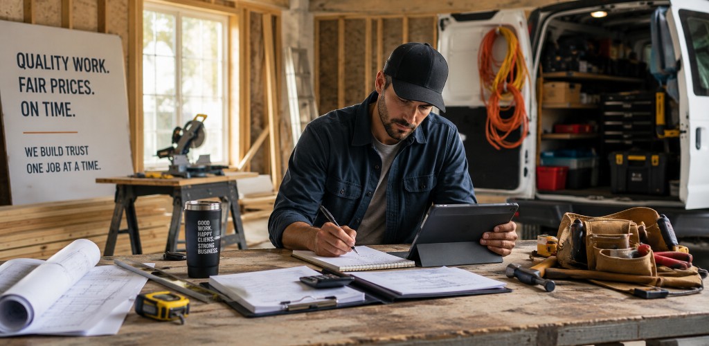 Independent contractor reviewing job details on a tablet at a workbench