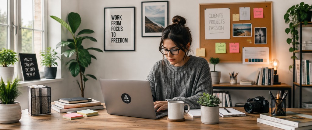 Independent professional working at a desk with a laptop and notes