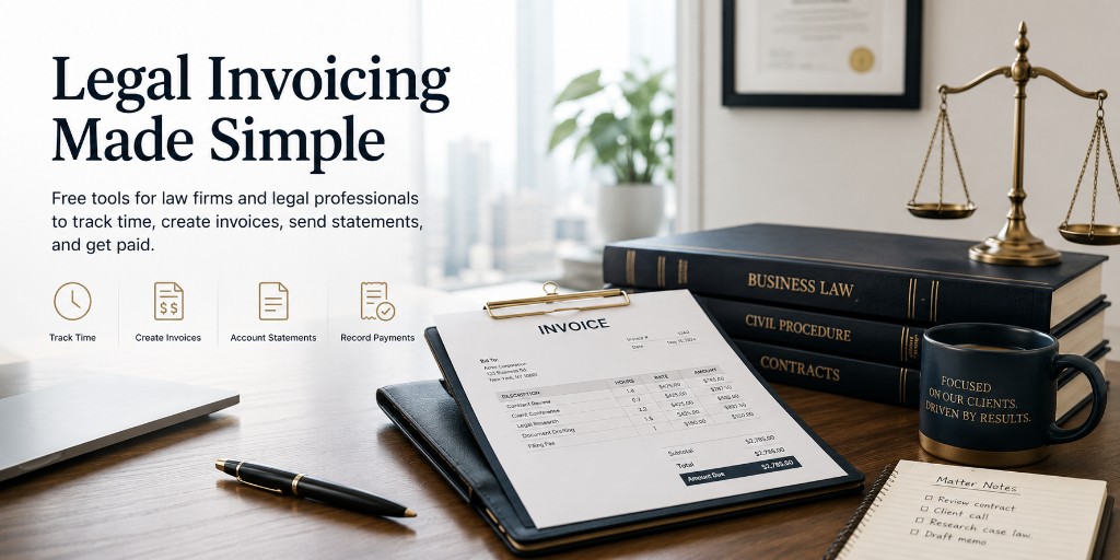 Law office desk with a legal invoice, scales of justice, and law books